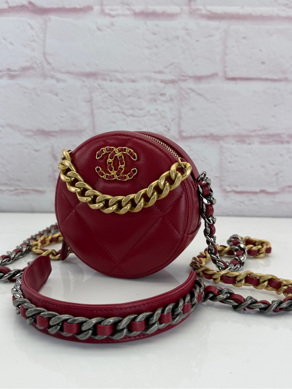 CHANEL 19 Red Quilted Round Mini Crossbody Mixed Metal Chain
